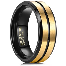 King Ring 8mm Flat Lines Ring – Ultra Polished Mens Ring with Two Matt Lines Stainless Steel Wedding Band K18 – Black Gold 11