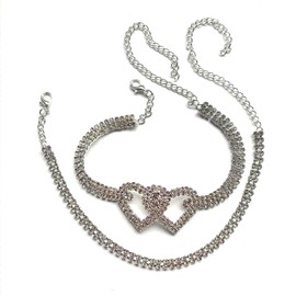 Crystal Heart Anklet Bracelet 2Pcs Lariat Love Heart Anklet Vintage Rhinestone Beach Foot Chain Adjustable Bling Jewelry for Women (Silver)