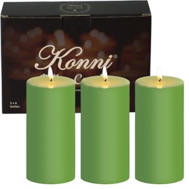 KONNI Green Pillar Candles Set of 3, 3"x 6" Unscented Pillar Candles Bulk, 56 Hours Long Burning Candles, Smokeless&Dripless Large Round Candle for Wedding, Home Decoration, Parties, Spas, Dinner