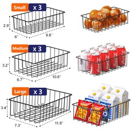 9 Pack (3 Szie) Small Wire Storage Baskets for Organizing,Pantry Organization Bins for Cabinets, Metal Basket for Kitchen, Laundry, Garage, Fridge, Bathroom Countertop,Freezer Organizer (Black)