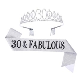 Topfunyy 30th Birthday Tiara and Sash Set - 30 & Fabulous Silver Sash Crystal Crown Birthday Gift for Women 30th Birthday Party Supplies