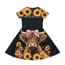 Guosanchn Highland Cow Dresses Size 7 8 Kids Short Sleeve Midi Dress for Little Girls Sunflower Clothes A-line Swing Twirly Dresses with Pocket Summer One-Piece Skirts Cute Outfit