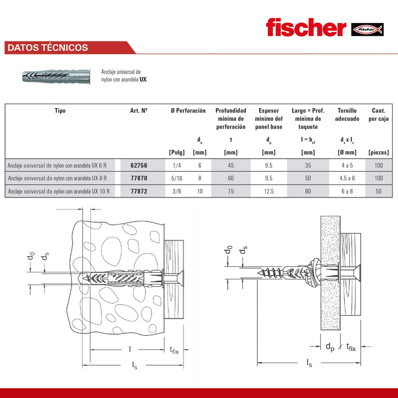 fischer | Caja Con 100 Taquetes UX de Nylon 8