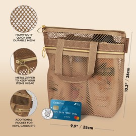 Mesh Shower Caddy Portable 10.2x9.9'' Shower Bag with Zipper & 2 Pockets. Shower Tote Ideal for Gym, Travel, Camp, Beach, for Sunscreen, Dorm & College Essentials (Brown, Small)