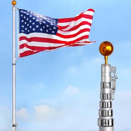 Yeshom 30 ft Telescopic Flag Pole Kit Fly 2 Flags 16 Gauge Aluminum Flagpole 3'x5' US Flag & Ball Outdoor Garden