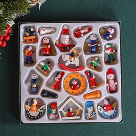 24PCS Christmas Tree Hanging Ornaments Wooden Hanging Decorations Set Mini Hanging Christmas Tree Party Decorations Handmade Crafted Xmas Tree Small Pendant Puppet Baubles Decor with Storage Box