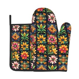 Mexican Oven Mitts and Pot Holders - Colorful Flowers Kitchen Mitt Sets of 2 Boho Oven Gloves Hot Pads for Cooking Baking Grilling