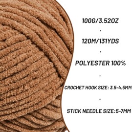Plush Chunky Chenille Yarn for Crocheting, Soft Fluffy Velvet Yarn for Crocheting Amigurumi, Fuzzy Baby Blanket Knitting 400g/524yds Bulky（4 Light Coffee）