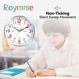 Roymnie Roymnie Wall Clock for Kids Learning to Tell Time Easily Non Ticking Battery Operated Kids Teaching Clock Silent Colorful Teaching Time Clock Decorative for Kids Room Classroom School (8 Inch)