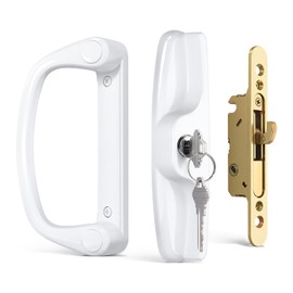 Probrico Patio Sliding Door Lock Set with Key and Mortise Lock, Sliding Glass Door Handles 45° Keyway, Reversible White Sliding Door Lock Set Fits 3-15/16" Hole Spacing, 1" to 2" Thick Doors