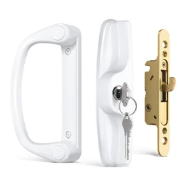 Probrico Patio Sliding Door Lock Set with Key and Mortise Lock, Sliding Glass Door Handles 45° Keyway, Reversible White Sliding Door Lock Set Fits 3-15/16" Hole Spacing, 1" to 2" Thick Doors