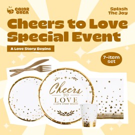151 Counts 'Cheers to love' Gold Dinnerware and Tablecloth Set for Bridal Shower, Engagement, Wedding, Party Decorations, Elegant Tableware Set Includes Plates, Napkins, Cups, Tablecloth, Knives, Fork