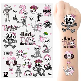 Bad Two The Bone Temporary Tattoos - 160+ Pcs Black Pink Temporary Tiny Stickers Skeleton Skull Vampire Fake Scary Tattoo for Kids 2nd Birthday Party Decorations Girls Adults Supplies
