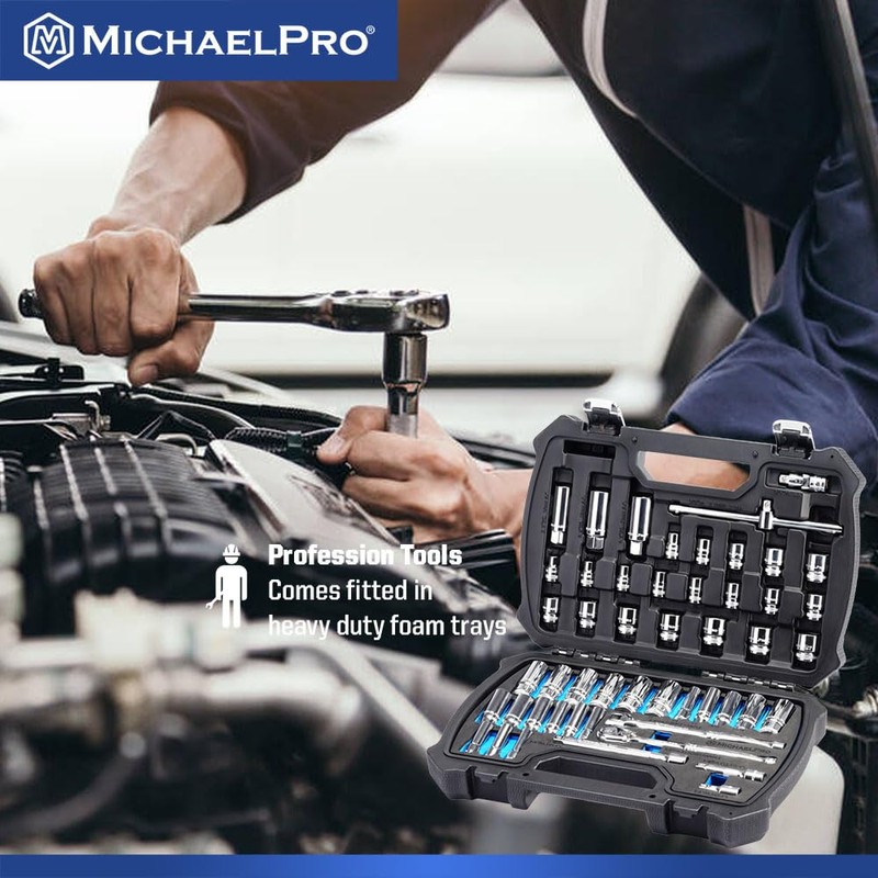MichaelPro 50-Piece 3/8" Drive 90 Tooth Deep Socket Set, Premium