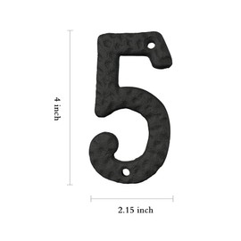 Cobata 4 inch Cast Iron Mailbox Numbers - Screw In & Hammer Surface Finished House Numbers - Rustproof/Fade Anti-resistant/Black/Number 5