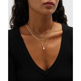 DIFOMI Dainty Layered Pearl Necklace for Women, 14K Gold Plated Pearl Toggle Clasp Pendant Necklace Simple Paperclip Herringbone Cuban Chain Snake Choker Stack Set Necklace Everyday Jewelry Gift for Women