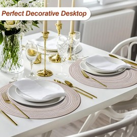 HEYOMART Round Placemats and Coasters Set of 6, 34cm Braided Woven Place Mats Washable Table Mats and Coasters Sets Heat Resistant Table Mats for Kitchen Dining Table Home Restaurant, Rainbow Grey