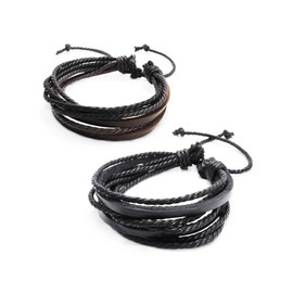 2-Pack Leather Black & Brown Bracelets - Adjustable Wristband - Great For Men, Women, Teens, Boys, Girls