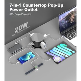 4.75" Pop Up Countertop Outlet with 20W USB-C, Space Saver Desktop Power Grommet, 4 AC Outlets & 3 USB Ports for Home Office (10FT)