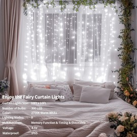 Ryblgled 300 LED Battery Operated Curtain Lights,10ftx10ft Battery Power Fairy Curtain String Lights with Remote Timer for Indoor Bedroom Gazebo Backdrop Outdoor Christmas Decor, Cool White