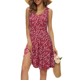 STYLEWORD Sundresses for Women 2024 Casual Sleeveless Crew Neck Skater Tank Summer Dress Beach Vacation Party Sun Dresses(Red Floral,M)