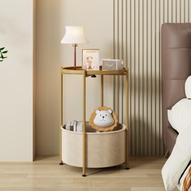 Small Round Side Table with Felt Storage Basket and Removable Tray