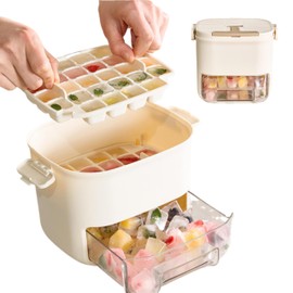 Ice Cube Tray with Lid and Ice Storage Bin, 52 Ice Cubes Press and Release Ice Mold, Drawer Style BPA-Free Portable Ice Maker with Scoop, PET+PP Ice Cube Container for Freezer, Home, Camping