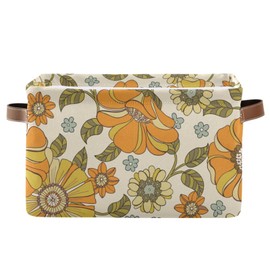 Aslsiy Toy Storage Basket Vintage 70s Style Flowers Nursery Bins Baby Toys Box Canvas Clothes Shelf Basket Laundry Hamper Gift Baskets for Home Closet 1 Pcs