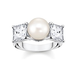 THOMAS SABO Ladies Silver Pearl and White Stone Ring TR2408-167-14-56 Size N, Sterling Silver, Pearl Cubic Zirconia
