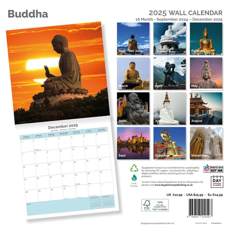 Dayplanner Publishing Buddha Calendar 2025, Large Square Wall Calendar, 16