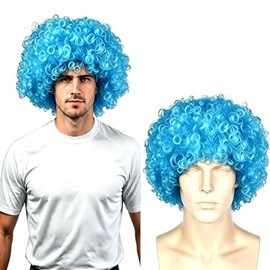 Sky Blue Afro Wigs Fancy Dress Accessories for Men Women, Unisex Colourful Curly Bouncy Hair,Funny Clown Disco Hippie Wig for 60's 70's 80's Costume Cosplay Halloween Christmas Decades World Cup Party
