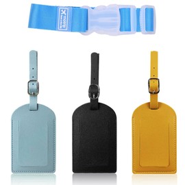 Luggage Tags, Bag Name Tags, Suitcase Tags, Name Tags, PU Leather, Soft, Ultra Lightweight, Dustproof, Waterproof, Anti-Lost, Business Trips, Set of 3 (Light Blue, Yellow, Black) for ID Cards, Name