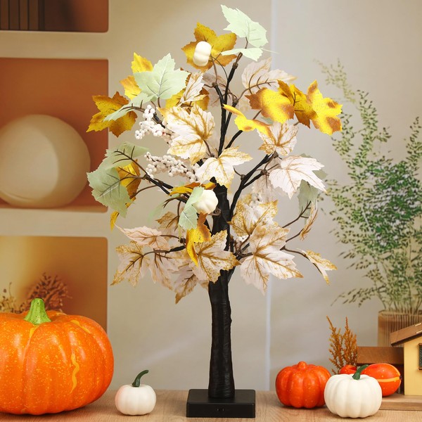 Weysat 2 Pcs 24inch Fall Lighted Maple Tree Artificial LED