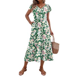 Zeagoo Spring Dresses for Women 2025 Summer Dresses with Pockets Casual Short Sleeve V Neck Tiered Flowy Midi A Line Beach Sundress Green Floral L