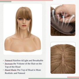 SLEEKALON Hair Toppers for Women Real Human Hair 150% Density Silk Base Brown Hair Topper Top Hair Piece for Women with Thinning Hair Clip in Hair Topper with Bangs Hair Extension(14 Inch,06#)