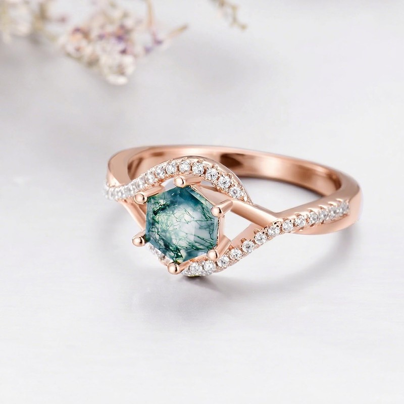 Plesitep 1Ct Natural Moss Agate Ring Sterling Silver/18K Gold Plated