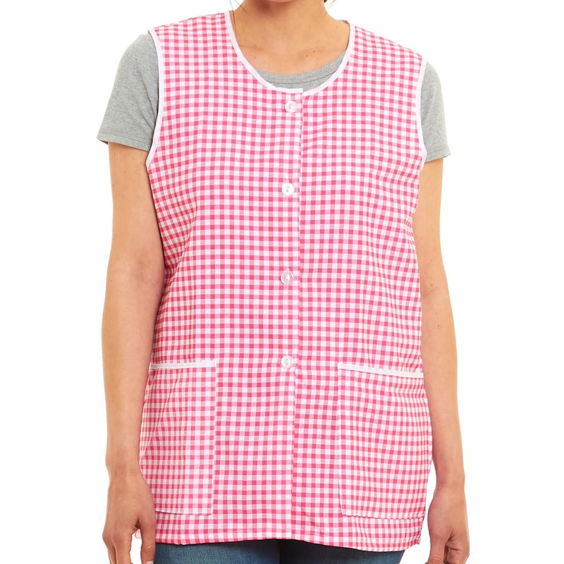 Ladies Gingham Buttons Through Design Piping Tabard Apron Overalls Front