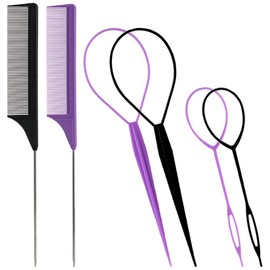 TRKETK 2 Pcs Ponytail Pull Through Hair Hoop Tool, Ponytail Holders French Braid Loop Tool with Rat Tail Comb Fast Hair Styling Accessories Rat Tail Comb for Braid, Making Women Style (2 Colors)
