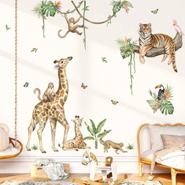 wondever Large Jungle Animal Wall Decals Baby Safari Nursery Decor Giraffe Tiger Monkey Tree Branch Peel and Stick Wall Stickers for Kids Room Bedroom