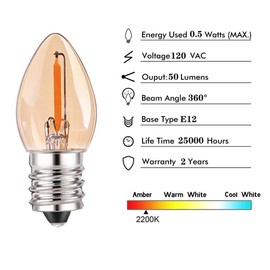 Tsunetani-C7 Edison 0.5W Equivalent to 5 Watt Incandescent LED Filament Mini Night Light Bulbs - E12 Candelabra Base 2200K Ultra Warm White for Home Decorate 50Lumens - 10Pack (Amber Glass)