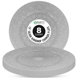 PARTY BARGAINS 13 Inch Plastic Charger Plates, Raindrop Transparent Silver, 8 Pack