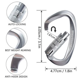BRAVESHINE 2 Pack Carabiner Clip Heavy Duty, 12KN Auto Locking Carabiner, Twist Lock Carabiner Keyring, D Clips Hook for Hiking, Camping, Hammock, Dog Lead, Swing
