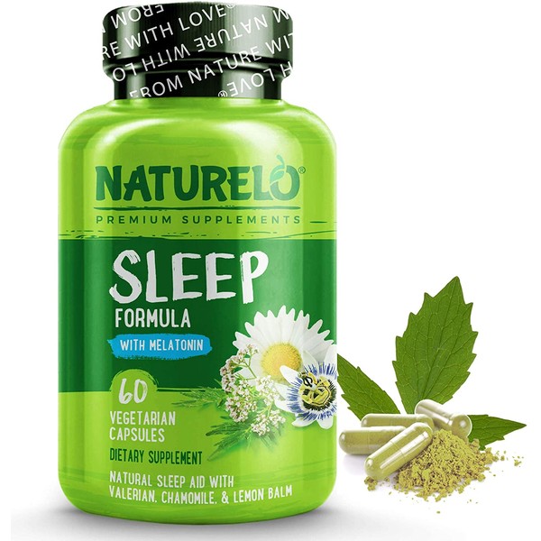 NATURELO Sleep Aid - with Melatonin, Magnesium, GABA, Valerian Root, Lemon Balm, Chamomile Herbal Extracts - Plant-Based Sleeping Aid - 60 Vegan Capsules