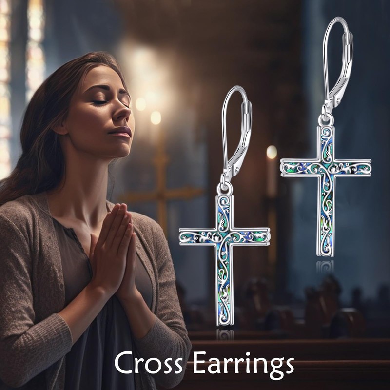 Cross Earrings for Women Sterling Silver Christian Dangle Earrings Abalone
