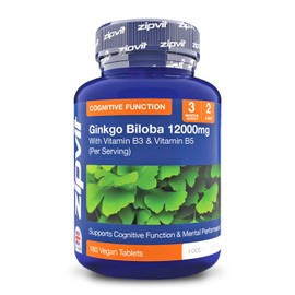 Zipvit High Strength Ginkgo Biloba 12000mg with Vitamins B3 & B5, 180 Vegan Tablets, Supports Mental Performance & Psychological Function, Standardised 50:1 Leaf Extract, 3 Months Supply.