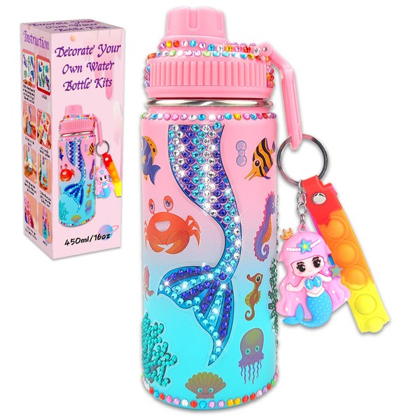 7july Decorate Your Own Water Bottle Kits for Girls Age 4-6-8-10 (Stainless Steel),Mermaid Themed Gem Diamond Painting Crafts,Fun Arts and Crafts Gifts Toys for Girls Birthday Christmas