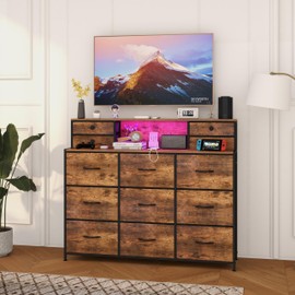 Welfuturer Rustic Dresser with Charging Station and LED Lights Large 13 Drawers Dresser Fabric Chest of Drawers for Bedroom Living Room Hallway Entryway Closets Sturdy Frame Wood Top Brown
