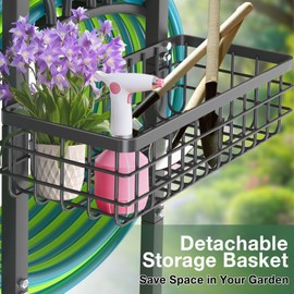 Qatsrin Upgraded Garden Hose Holder with Large Basket, Heavy Duty Water Hose Holder Supports 160-ft Hoses, Freestanding Detachable Hose Stand Storage Reel Hanger Rack for Yard Lawn Farm