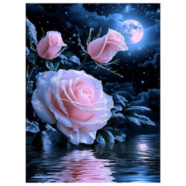 Omeblos Diamond Art Kits Adults,Diamond Art,Diamonds Painting,DIY Handmade Floral Diamonds Painting for Living Room Crafts Home Bedroom Decor Beautiful Pink Roses Under Moonlight Scene 12x16inch