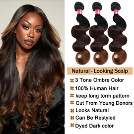 Teveshine 1B/2/4 Ombré Body Wave Human Hair Bundles With Closure 10A Ombré Brown Bundles Human Hair With 4X4 Lace Closure Free Part (20 22 24+20) Brazilian Remy Hair Wavy